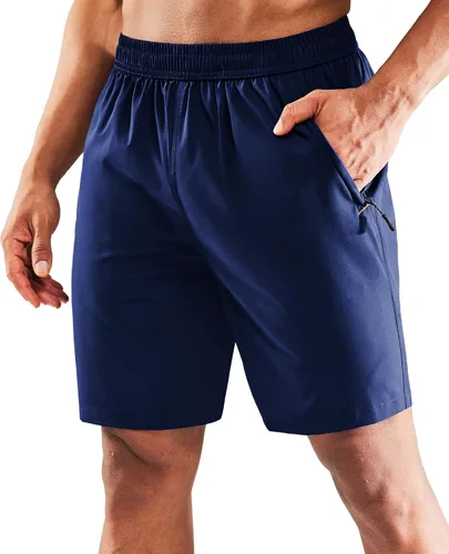 Miniatura 8 de MIER - Pantalones cortos de correr para hombre, de secado rápido, con bolsillo con cremallera, cintura elástica, pantalones cortos atléticos