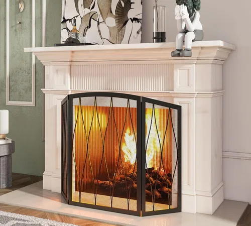 Miniatura 4 de Kingson - Pantalla de chimenea a prueba de niños de 3 paneles, de hierro forjado moderno, hecha a mano, plegable, de malla metálica, resistente