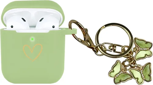 Miniatura 8 de Funda compatible con AirPods, funda de silicona suave con patrón de corazón dorado para AirPods de 2 y 1 generación con bonito llavero de mariposa