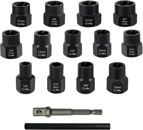 Juego de 15 llaves de vaso de impacto poco profundas de 3/8 pulgadas, juego de llaves métricas y SAE Cr-V de acero para extraer pernos dañados, 13