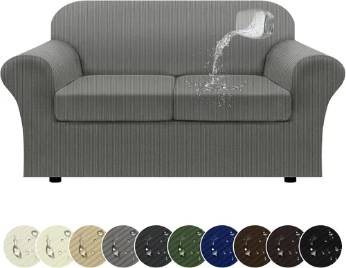 Miniatura 74 de Funda impermeable para silla con brazos, juego de 2 piezas, funda a rayas para 1 sofá separado con cojín en T, fundas de sillón de tela