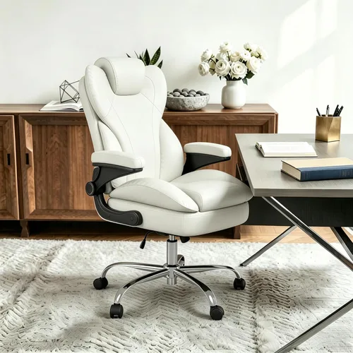 Miniatura 9 de Silla de escritorio de oficina, silla de oficina ejecutiva de cuero, silla de escritorio ergonómica de respaldo alto con brazos abatibles Blanco