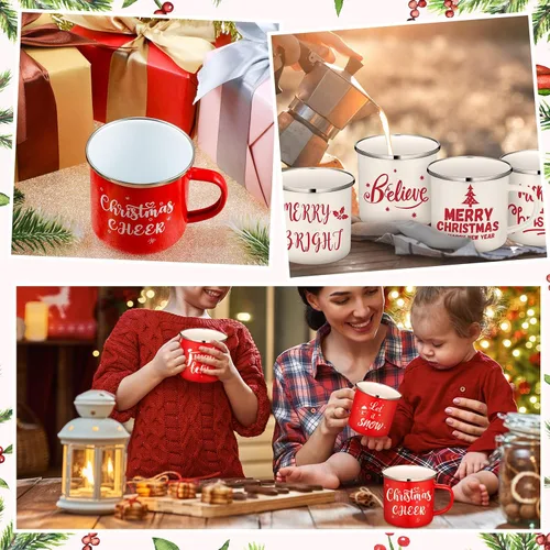 Miniatura 6 de Juego de 12 tazas de café de Navidad, tazas de esmalte blanco y rojo de 12 oz, tazas novedosas divertidas para las fiestas, para mujeres, hombres