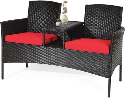 Miniatura 9 de Tangkula Sofá biplaza de ratán para exteriores, juego de conversación para patio con cojines y mesa, moderno juego de sofá de mimbre patentado