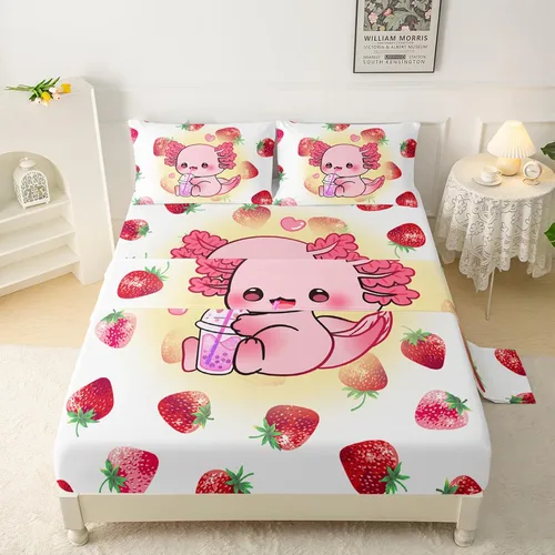 Miniatura 48 de QOOMO Ropa de cama Kawaii Axolotl para niños y niñas, diseño de flor de cerezo rosa, juego de ropa de cama súper suave para niños, con estrellas