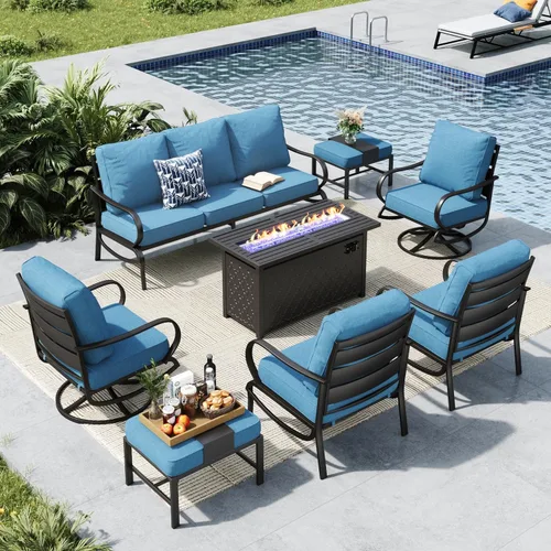 Miniatura 62 de MFSTUDIO Juego de muebles de patio de 6 piezas con mesa de fogata de gas de 45 pulgadas (hasta 7 asientos), sofás de conversación de patio con marco