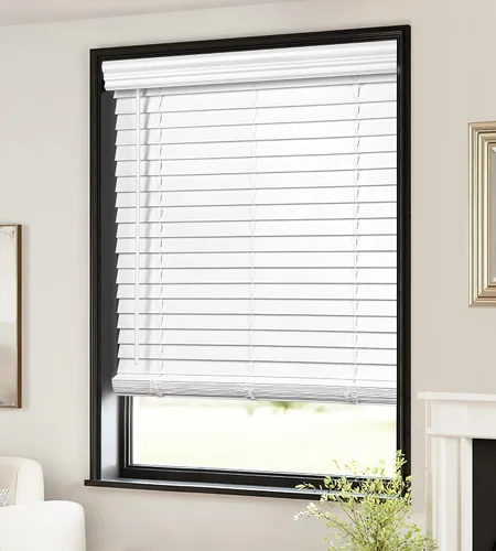LazBlinds Persianas de madera sintética sin cordones de 2 pulgadas con cenefa Royal, persianas horizontales para oscurecer la habitación, persianas