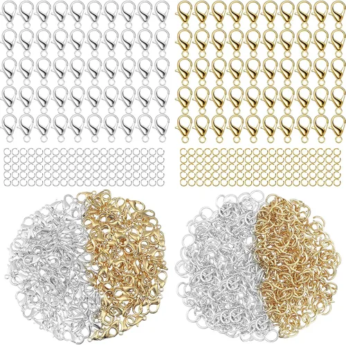 Junkin Juego de 300 piezas de cierres de pinza de langosta y anillos de salto abiertos, kit de hallazgos de joyería de aleación para fabricación de