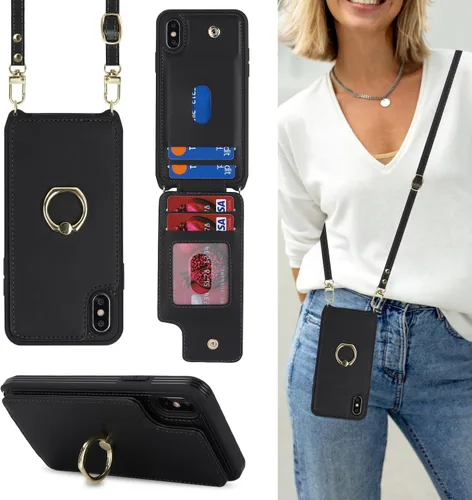 Miniatura 34 de Lipvina para iPhone 11 Pro Funda para teléfono con tarjetero y correa para mujeres, cordón cruzado, soporte de anillo con patas, cierre de presión