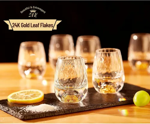 Miniatura 2 de DUJUST Vasos de chupito de diamante (1.5 onzas), juego de chupitos de cristal decorado con copos de hoja de oro de 24 quilates, vasos de chupito