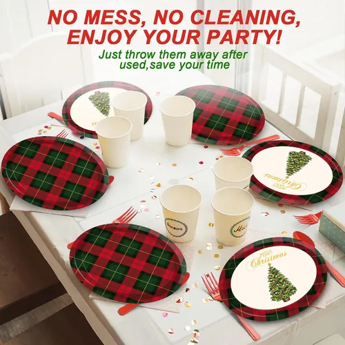 Miniatura 7 de 50 platos de papel ovalados de guinga rojo y verde de Navidad grandes de 11 pulgadas, desechables, decoraciones de fiesta temática de Navidad