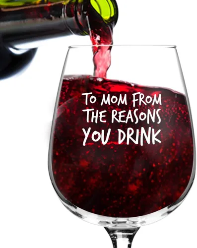 To Mom From the Reasons You Drink - Copa de vino divertida - 12.75 onzas - Regalo de cumpleaños para mamá, madrastra, bonita copa de vino para