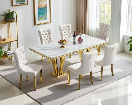 Miniatura 34 de Henf Juego de mesa de comedor de mármol sintético de 68 pulgadas para 6, juego de mesa de comedor de 7 piezas con 6 sillas copetudas de terciopelo