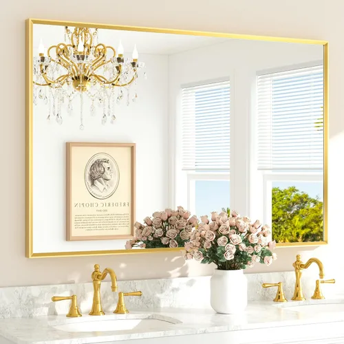 Miniatura 66 de TETOTE Espejo de Baño Dorado de 16" x 20" Latón Dorado Cepillado Rectangular con Marco Biselado Espejo de Tocador de Baño para Sobre el Lavabo