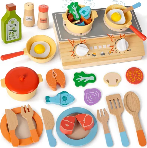 Juego de accesorios de cocina de madera, juego de ollas y sartenes para niños con estufa de almacenamiento, juguetes de cocina de madera para niños