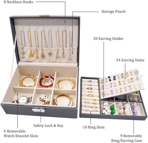 Miniatura 2 de MRMOSY Joyero organizador para mujeres y niñas caja de almacenamiento de 2 capas grande para hombres caja de joyería de piel sintética con bandeja