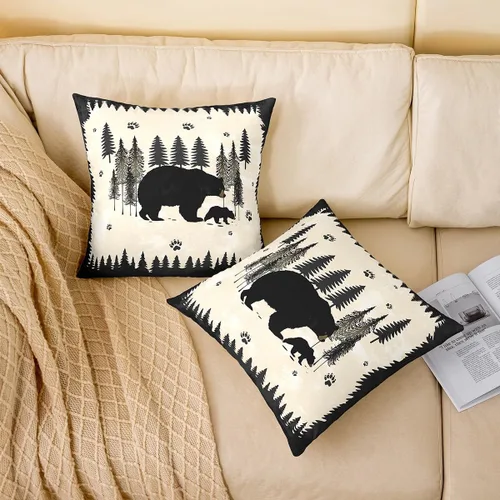 Miniatura 2 de Cartoon Bear Pillow Cover Cute Wild Animal Paw Print Cushion Cover for Kids Boys Girls Teens Jungle Pine Trees Silhouette Cabin Pillow Case for