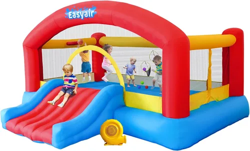 Miniatura 9 de Casa inflable para saltar para niños de 3 a 10 años, castillo hinchable de 123" L x 110", para saltar, con tobogán, aro de baloncesto, fosos