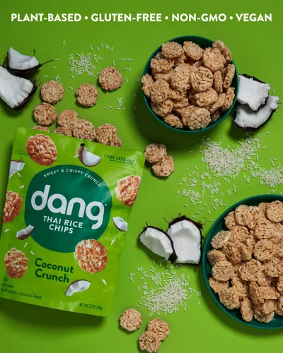 Miniatura 3 de Dang Chips de arroz tailandés Coconut Crunch Paquete de 12 Crujientes de arroz veganos, sin gluten, sin OMG, aperitivos saludables hechos