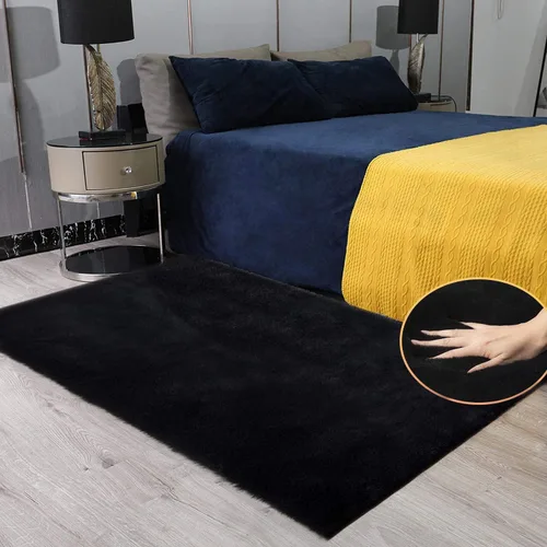 Miniatura 3 de ORINOVA - Alfombra esponjosa de pelo de conejo, alfombras esponjosas lavables para sala de estar, alfombra peluda negra para dormitorio, alfombras