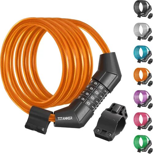Miniatura 12 de Titanker Cable de bloqueo de bicicleta, bloqueo de cable de bicicleta de 4 pies, bloqueo de bicicleta autoenrollable básico para niños, combinación