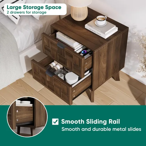 Miniatura 4 de Smuxee Mesita de noche de madera de nogal con 2 cajones, mesita de noche de mediados de siglo con puertas de tablero de ajedrez en relieve, mesita
