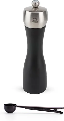 Peugeot Fidji - Juego de regalo de molino de sal de 8.25 pulgadas, negro mate, con cuchara de especias de acero inoxidable y clip