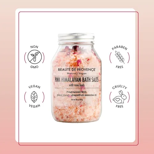 Miniatura 5 de Beaute DE Provence Sal de baño rosa del Himalaya con pétalos de rosa, aromaterapia y relajación 100% natural, sales de baño de aceite esencial