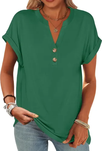 Miniatura 39 de ANRABESS - Camisetas Henley de manga corta para mujer, cuello en V, elegantes, estilo informal, de corte suelto; blusas fluidas de verano, ropa