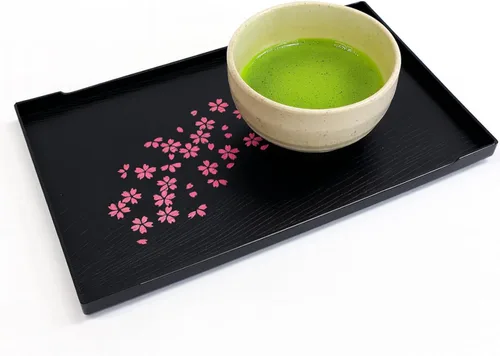 Miniatura 10 de JapanBargain, Juego de 2 bandejas de servir lacadas japonesas, diseño Sakura, bandejas de plástico ligeras para té y sushi, 8-7/8 x 7-7/8 pulgadas