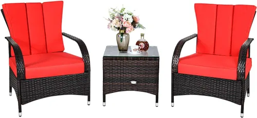 Tangkula Juego de 3 piezas para conversación de patio, juego de muebles de mimbre para exteriores, mesa de centro de ratán y sillas con cojines,