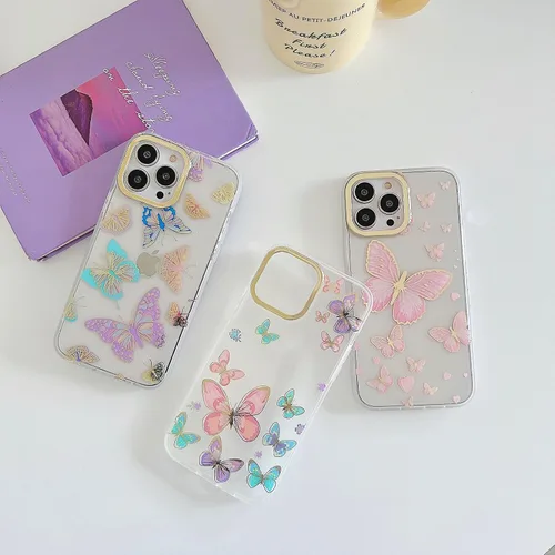 Miniatura 6 de Funda transparente con chispas brillantes para iPhone 15 Pro Max para mujeres y niñas, patrón de mariposas doradas, rosa y azul, funda protectora