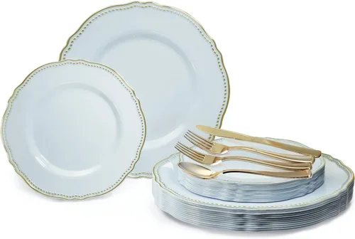 Miniatura 14 de OCCASIONS" Paquete de 50 platos (25 invitados) - Juego de platos de plástico desechables resistentes para fiestas de boda - 25 x 10.25'' para cena