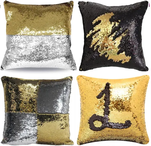 MOCOFO Fundas de almohada decorativas de lentejuelas mágicas reversibles 16x16-2 de plata a oro + 2 de oro a negro de ante premium para habitación 4