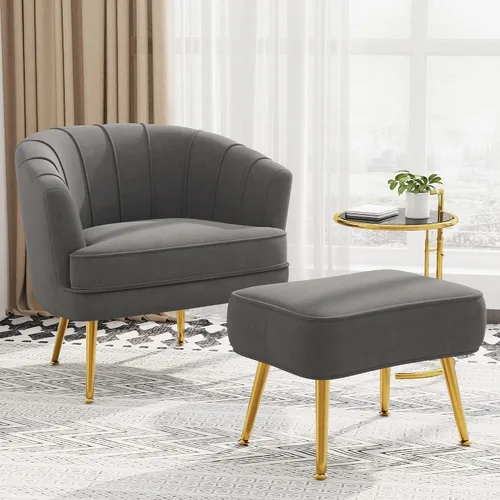 Sillas decorativas de terciopelo con otomana para sala de estar, dormitorio, oficina, ocio, tapizadas, sofá individual, silla con brazo, cómoda Gris