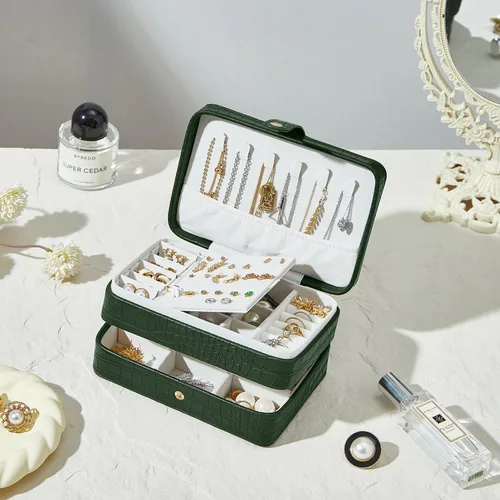 Miniatura 7 de Estuche organizador de joyas de viaje de piel sintética para mujeres y niñas, joyero portátil de 2 capas para aretes, anillos, collares, pulseras