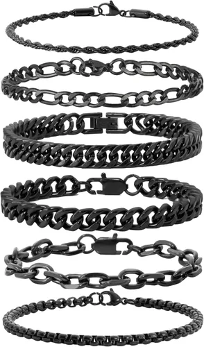 Miniatura 10 de XIANNVXI Juego de 6 pulseras de acero inoxidable para hombre y mujer, color plateado/dorado/negro, pulseras de eslabones cubanos, estilo soga