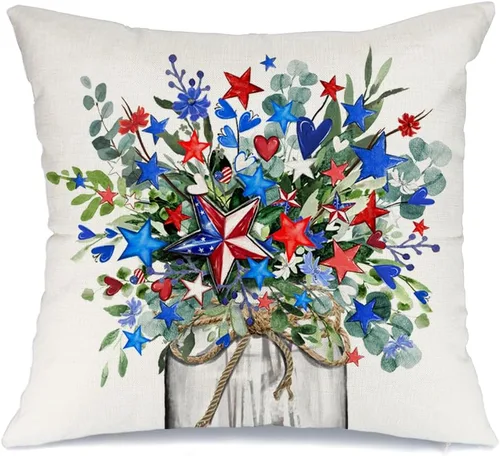 AACORS Fundas de almohada del 4 de julio, 16 x 16 pulgadas, florero floral, mariposa, decoración patriótica de Estados Unidos, funda de almohada