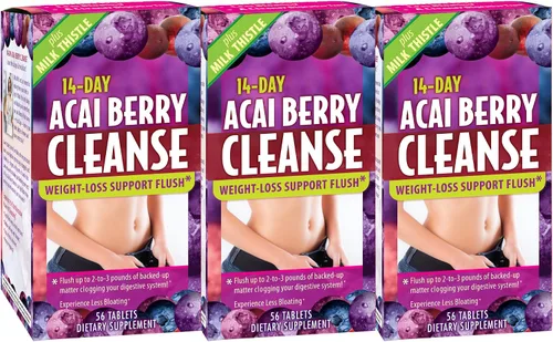 Applied Nutrition Limpieza de bayas de acai para 14 días, 56 tabletas, paquete de 3, soporte para perder peso y cardo mariano, 84 porciones en total