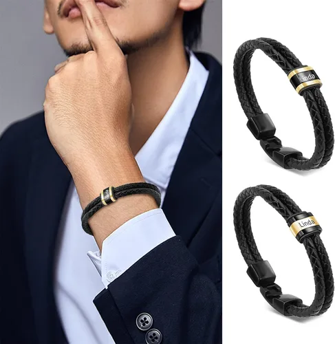 Miniatura 48 de Pulseras de cuero personalizadas para hombre con 1-6 nombres, pulsera trenzada personalizada con cuentas para papá, marido, día del padre, San