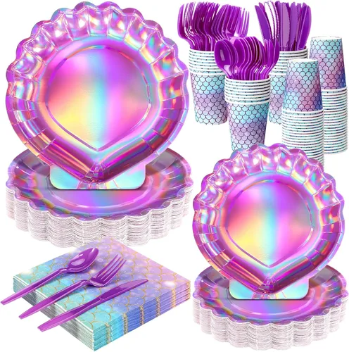 Miniatura 7 de 144 piezas de suministros para fiesta de sirenas, decoraciones temáticas de sirenas, juego de vajilla para fiesta bajo el mar, incluye platos