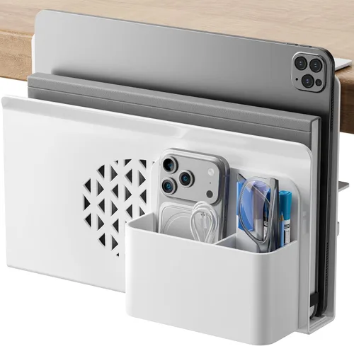 Miniatura 8 de Almacenamiento lateral de escritorio, soporte de metal para portátil con caja magnética para bolígrafos, organizador con abrazadera debajo
