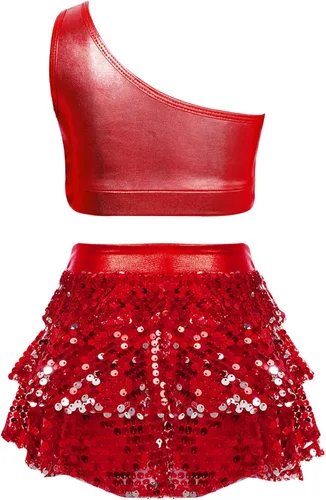 Miniatura 86 de JEATHA Top corto con borlas y lentejuelas brillantes para niñas, con minifalda, jazz latino, salsa, samba, rumba, baile