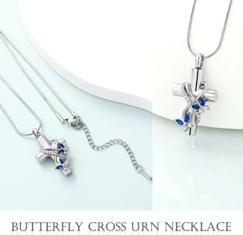 Miniatura 48 de Imrsanl Collar de urna de cruz de mariposa para cenizas, hombres y mujeres, joyería de cremación, colgante de cenizas para cenizas conmemorativas
