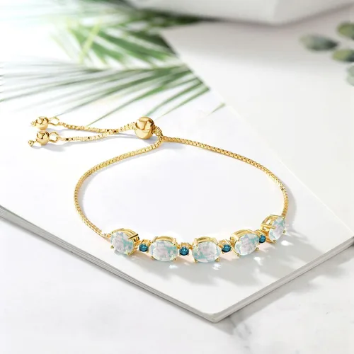 Miniatura 3 de Gem Stone King Pulsera de plata chapada en oro amarillo de 18 quilates con diamantes azules de ópalo de imitación ovalada de 5.26 quilates