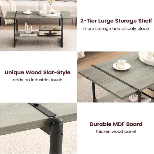 Miniatura 5 de Mesa auxiliar para sala de estar, mesas de sala de estar de 2 niveles, mesa de centro moderna para sala de estar, mesa de centro de madera de granja