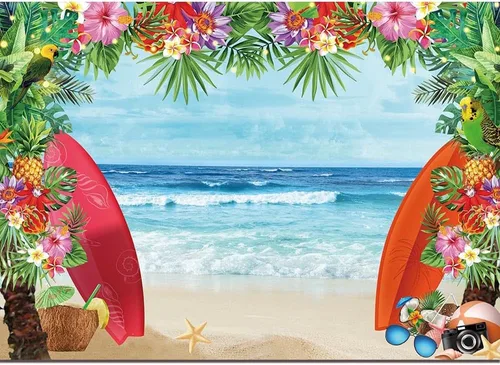 Miniatura 9 de HQM Fondo de fotos con temática de playa tropical de verano, 5 x 3 pies, tela para conchas de playa, Hawaii, flor de mar azul, para niños