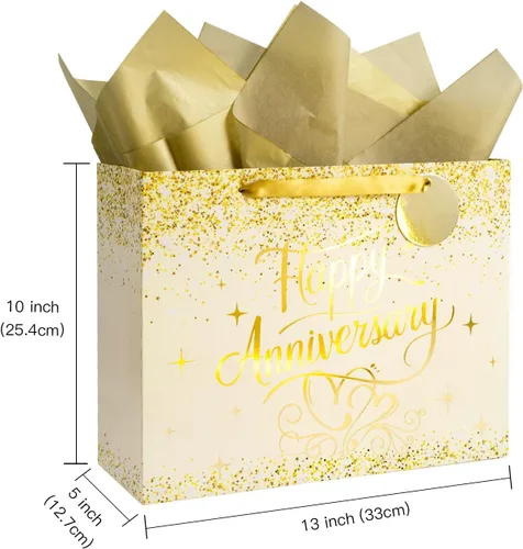 Miniatura 8 de LeZakaa 13" Wedding Anniversary Bag with Tissue Paper, Tag & Greeting Card, Happy Anniversary Gold Glitter Gift Bag for Couple, Parents, Wife