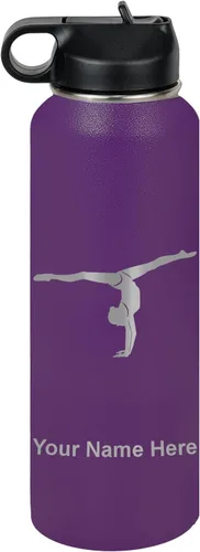Miniatura 68 de LaserGram Botella de agua personalizada, gimnasta niña, acero inoxidable de doble pared aislada al vacío con popote superior, regalo grabado Azul
