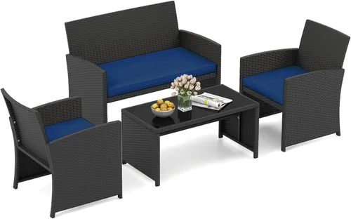 Miniatura 18 de HAPPYGRILL Juego de 4 muebles de mimbre para exteriores con mesa de centro de vidrio templado, cojines suaves, juego de sillas de ratán resistentes
